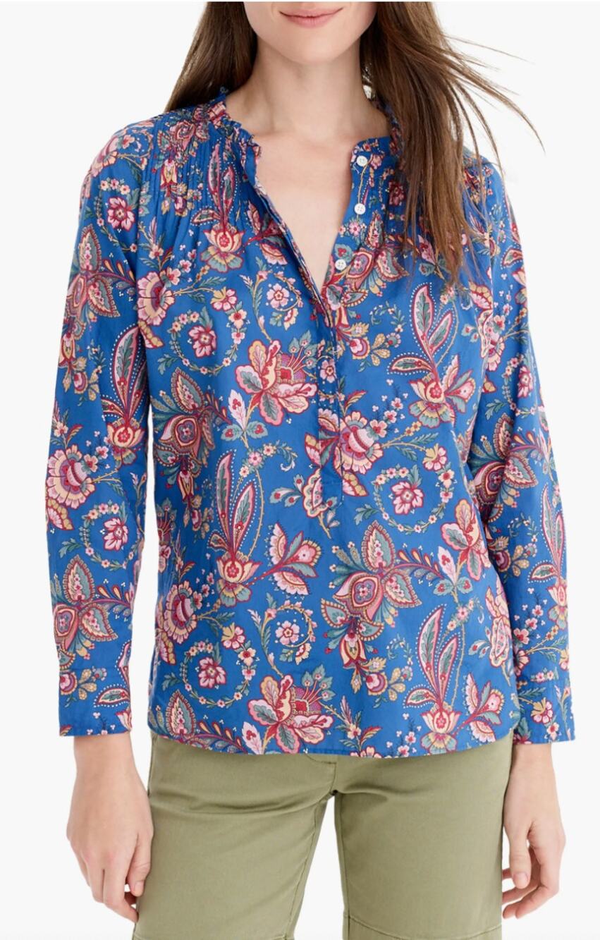 J. Crew Liberty Popover Blouse Top Floral Ruffle Preppy Boho Cotton Casual 2
